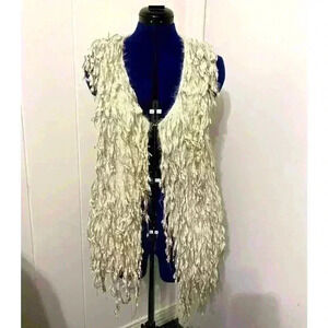 UMGEE Women's Knit Beige Cream SHAGGY FRINGE BOHO OPEN FRONT VEST~MEDIUM Hippie